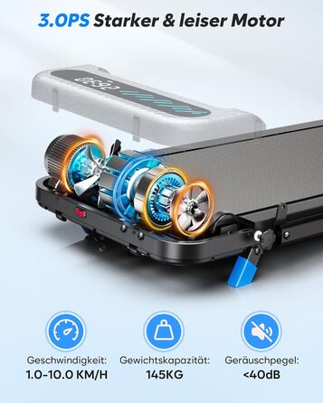 Тренажер для дому 2-в-1 Laufband Klappbar зі складним механізмом, нахилом, LED-дисплеєм, потужністю 3.0PS, для дому та офісу, до 145 кг, без встановлення, чорний