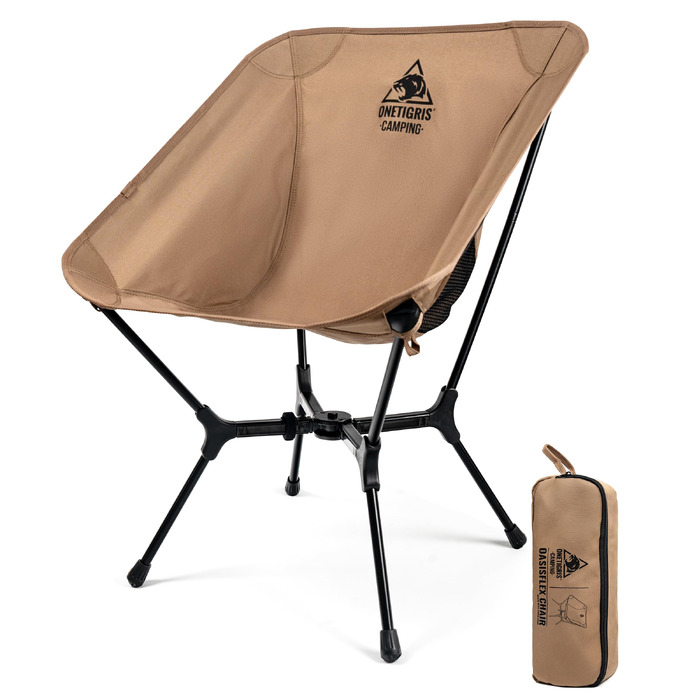 Складаний кемпінговий стілець OneTigris OASISFLEX ultralight до 150 кг з двома бічними кишенями для походів та відпочинку на природі, Койот (Коричневий)