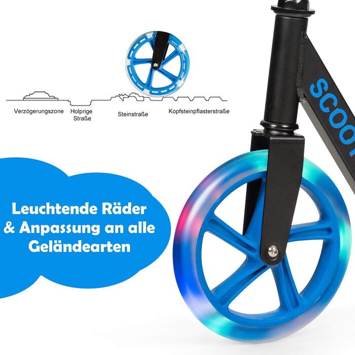 Дитячий трюковий самокат GOPLUS Roller Kinder 10 років, 3-ступенева регулювання висоти, алюмінієвий, складної конструкції, з LED-колесами, гальмом на задньому колесі, ременем та підставкою, до 100 кг (Блакитний)
