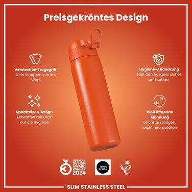 Фляга для води ION8 Leicht, 600 мл, сталь, оранжева - неізольована, з клапаном, зручна для миття