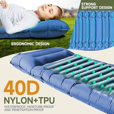 Каремат для кемпінгу Bluever самонадувний з насосом для ніг, 14 см, товстий, з подушкою. Підходить для походів, намету, відпочинку на природі, пляжу, подорожей.
