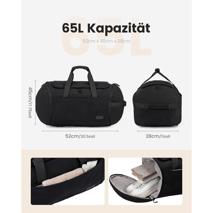 Спортивна сумка LOVEVOOK для чоловіків з відділенням для взуття, 65L, 52x45x28 см, Duffel Bag, для подорожей та спортзалу