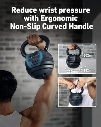 Регульована гиря BYZOOM FITNESS 13,6 кг 5-в-1, компактна для домашнього фітнесу, силових та функціональних тренувань, для чоловіків і жінок, чорна