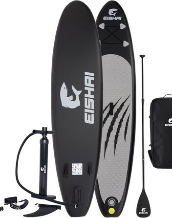 Надувна SUP-дошка EISHAI Sharkbite, комплект 7-в-1, з веслом, ременем безпеки, насосом, ремкомплектом, для жінок і чоловіків, навантаження до 130 кг, компактна, чорна