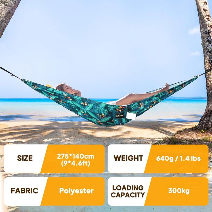 Гамак для кемпінгу NATUREFUN Ultraleicht | 300 кг, 275 x 140 см | Дихаючий, швидковисихаючий, нейлон | 2 карабіни, 2 петлі | Для відпочинку вдома, на природі, в саду