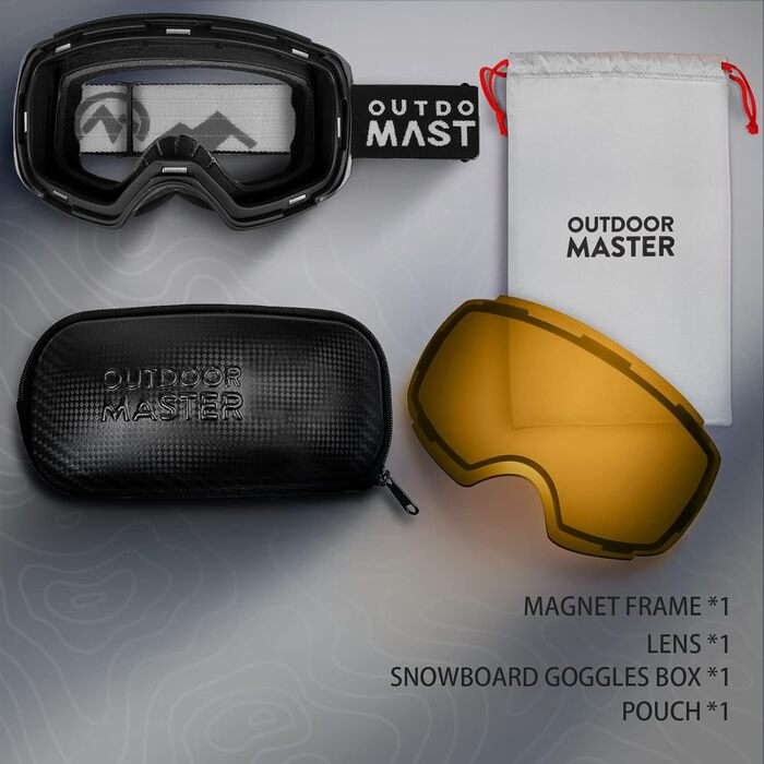 Скі-маска OutdoorMaster PRO унісекс з змінними лінзами. Захист від сонця 100% UV, антитуманна, для носіння з окулярами. Підходить для жінок та чоловіків, хлопчиків та дівчаток. Чорний каркас, помаранчева лінза VLT65%