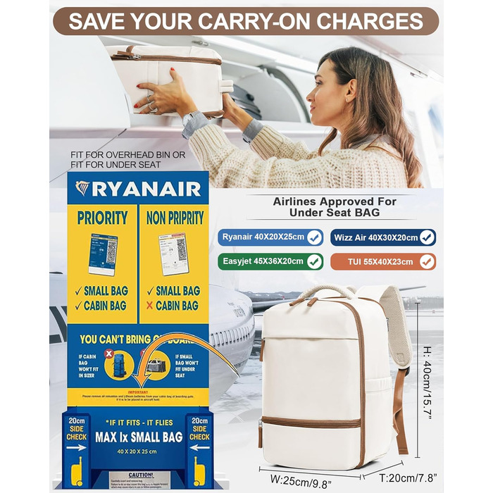 Рюкзак для ручної поклажі 40x20x25 см водонепроникний для Ryanair і EasyJet, під сидіння, дорожній рюкзак для літака, бежево-коричневий
