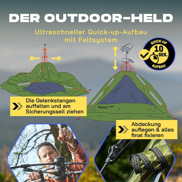Намет Lumaland Outdoor Kuppelzelt - 2-3 особи, 215x195x120 см, зелений. Ідеальний для кемпінгу, подорожей, фестивалів та трекінгу
