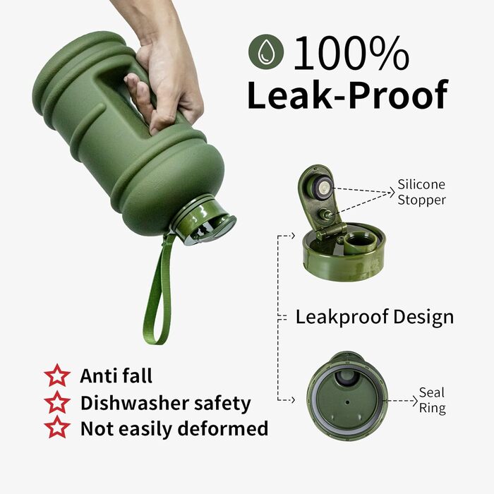 Фляга TOOFEEL 2л BPA Free, велика спортивна фляга для води, з позначеними мітками об'єму (Матова оливкова, 2200 мл)