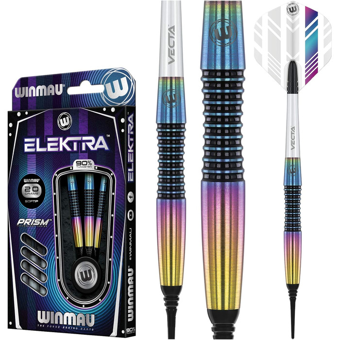 Дротики для дартсу WINMAU Elektra 18 г вольфрамові Softip, професійний набір з оперенням та стрижнями