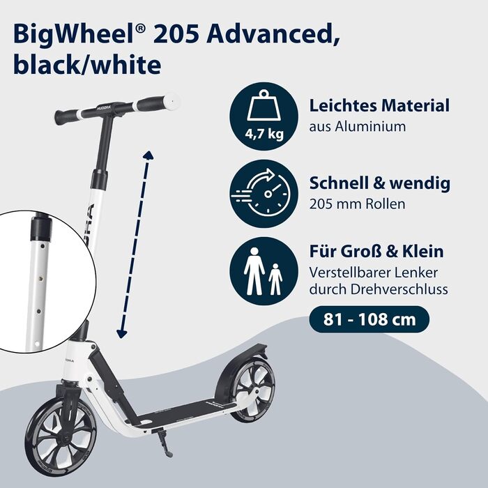 Самокат HUDORA BigWheel 205 Advanced, алюмінієвий, складаний, регульований, до 100 кг, для дітей, підлітків і дорослих