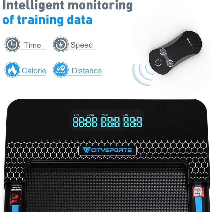 CITYSPORTS Складне електричне бігове полотно WP3 з підлокітниками, Bluetooth та аварійною зупинкою, швидкість до 12 км/год, чорно-синій колір
