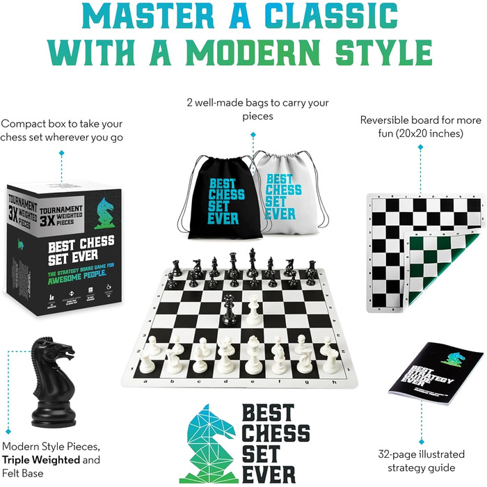 Професійний шаховий набір Best Chess Set Ever 3X з утяжеленими фігурами Staunton (король 10,3 см), силіконовою двосторонньою складною дошкою 50x50 см, для турнірів, дорослих і дітей