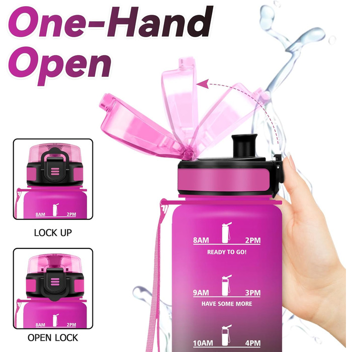 Спортивна пляшка 1л з маркуванням часу, фільтром, для газованої води, велосипеда, бігу, дорослих, 1000 мл, фіолетово-чорна