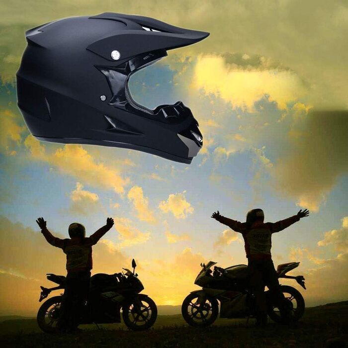 Унісекс Мотокрос Шолом на Все Обличчя з Очками, Рукавичками, Маскою, для Юніорів та Дітей, Ендуро, Оф-роуд, Мотоцикл, MTB, ATV, BMX, Quad, Dirt Bike, Сертифікований D.O.T (L/56-57CM, Чорний)