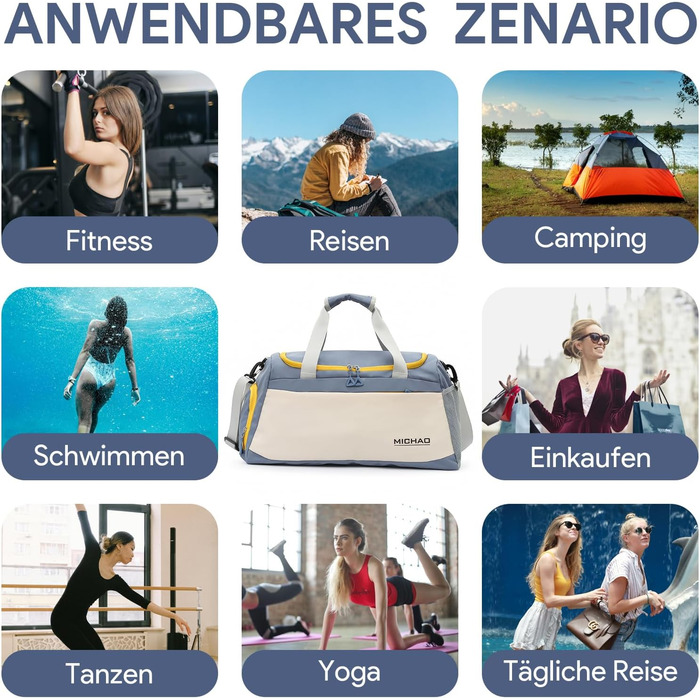 Спортивна сумка для жінок, велика, XL, 52x24x27 см, для спортзалу, подорожей, вихідних, клініки (біла)