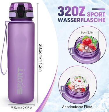 Спортивна пляшка для води 1л, витокостійка, без BPA, з мірною шкалою, смарагдово-зелена (лавандова)