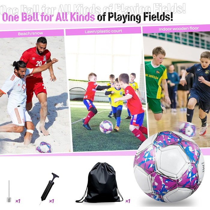 Дитячий футбольний м'яч розмір 5, рожевий, з насосом, сіткою та сумкою. Стандартний тренувальний м'яч з шкіри для дітей.