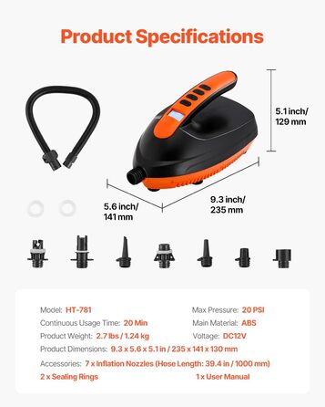 Електрична SUP-насос VEVOR з USB-виходом, 2-ступеневий насос для надувних SUP-дошок, наметів з автоматичним вимкненням та LED-підсвіткою (20 PSI)