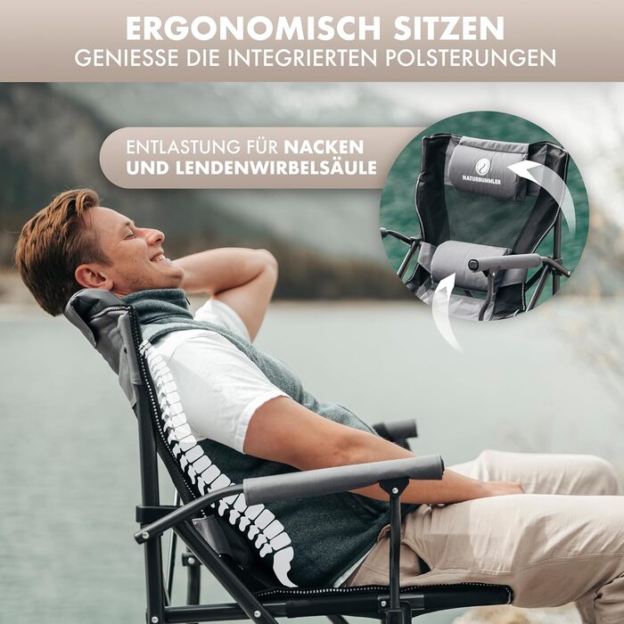 Складний туристичний стілець NaturBummler Cloud Sit+ сірий-чорний: для кемпінгу, риболовлі, відпочинку на природі. Макс. вага: 150 кг