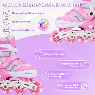 Дитячі ролики-інлайни з підсвічуванням, регульовані, для хлопчиків та дівчаток, рожево-білі, розмір L