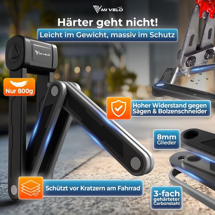 Замок для велосипеда MIVELO, складний, висока безпека, 85 см, з ключем та кріпленням. Підходить для електровелосипеда, MTB та шосе