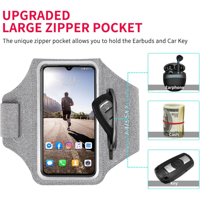 Спортивний браслет для телефону Haissky з кишенькою для навушників (6.9 дюйми) - сірий