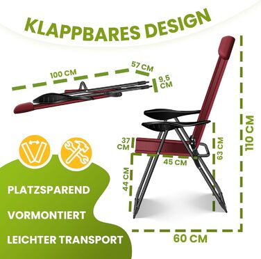 Крісла садові KESSER® 2 шт. з високою спинкою, складані, алюмінієві, регульовані, з підлокітниками, дихаючі, для саду, балкону, кемпінгу, тераси, Бордовий