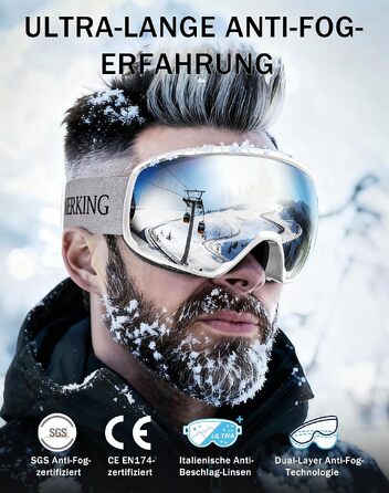 Гірськолижні окуляри Innerking A1 OTG з подвійним склом, захист UV400 та антифог, сумісні з діоптрийними окулярами, для лиж та сноуборду (білий/срібло, VLT 10%)