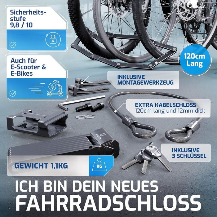 Замок для велосипеда складний 120см, протиугінний з кабельним замком - висока безпека, з кріпленням - ідеально для електровелосипеда