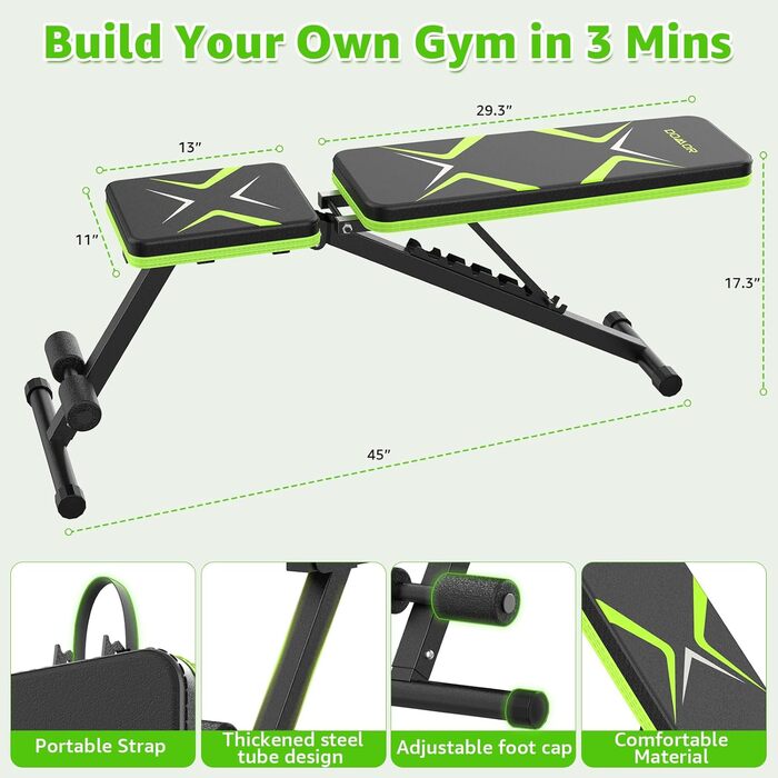 Складана лавка для тренувань з обтяженнями 330LBS, багатофункціональна, для дому, фітнесу, прес, зі змінним нахилом, зелена