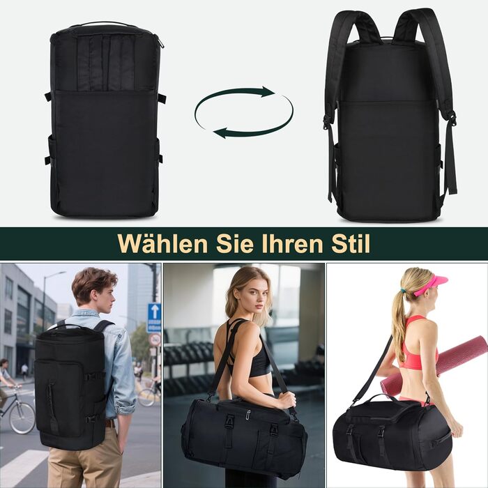 Спортивна сумка для чоловіків та жінок, 45L, рюкзак з відділенням для взуття та мокрих речей, Gym Bag для плавання, спорту, йоги, футболу (Чорний)