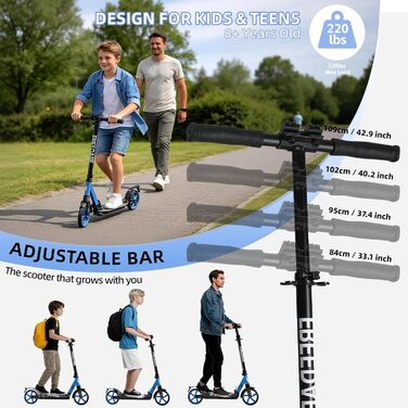 FREEDARE Cityroller: Скутер складний для дітей та дорослих, блакитний, 200 мм колеса, регульована висота, до 100 кг