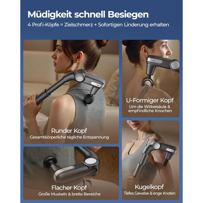 Масажер для тіла KingPavonini з висувним руків'ям та відкидним голівкою: масажна пістолета для спини з 3 кутами налаштування та 4 насадками, подарунок для чоловіків та жінок (сірий)
