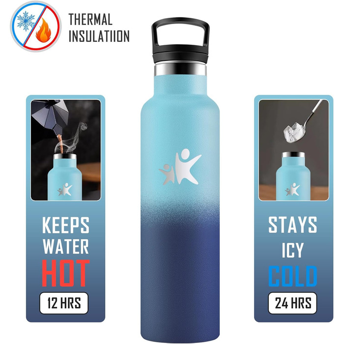 Термос-пляшка KollyKolla 750 мл, пляшка для води з содовою, витокозахисна, з трубочкою, без BPA, подвійні стінки, вакуумна ізоляція, для школи, подорожей, кемпінгу, блакитний + темно-блакитний