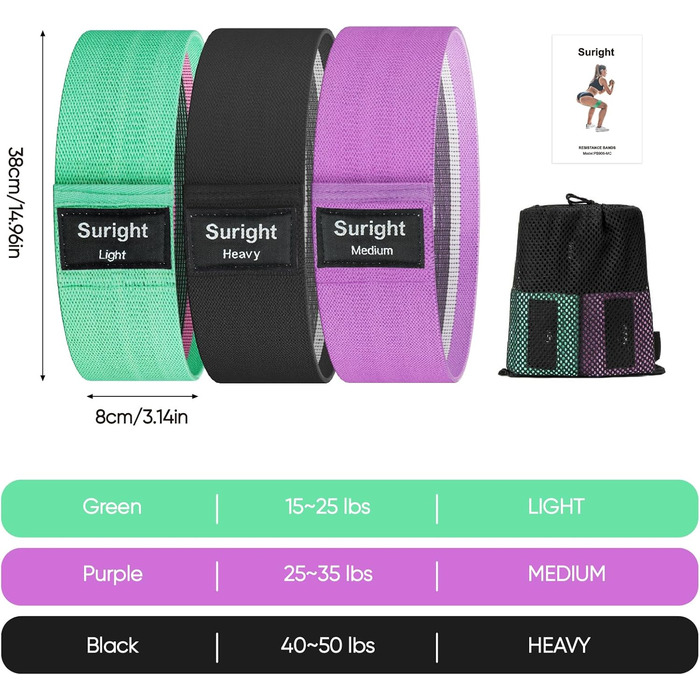 Стрічки опору для фітнесу [3 шт.] для сідниць та стегон, антиковзкі фітнес-стрічки для жінок/чоловіків, силові тренування, йога, пілатес (Чорний, фіолетовий, зелений)