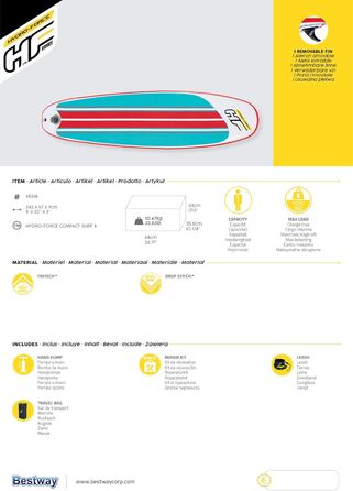 Надувний SUP-борд HYDRO FORCE Compact Surf 8' x 22'' x 3'' для Stand-Up Paddling, Multicolor