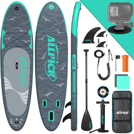 Надувний SUP-борд ALLPICK Premium Set: Комплект для станд-ап паділінгу з аксесуарами, кріпленням для камери та регульованим веслом (200 кг, Сіво-бірюзовий)