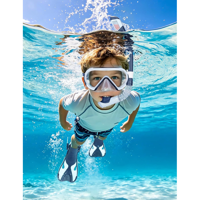 Набір для снорклінгу Supertrip SeaBlue L/XL (32-36 EU) для дітей: маска з панорамним оглядом 180°, ласти, трубка з клапаном
