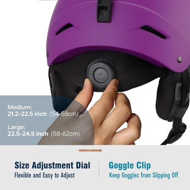 Шолом гірськолижний та сноубордичний для чоловіків, жінок та дітей, регульований розмір, 3-рівнева вентиляція, міцна PC-оболонка з EPS-піною (Білий, фіолетовий, L: 58-62 см)