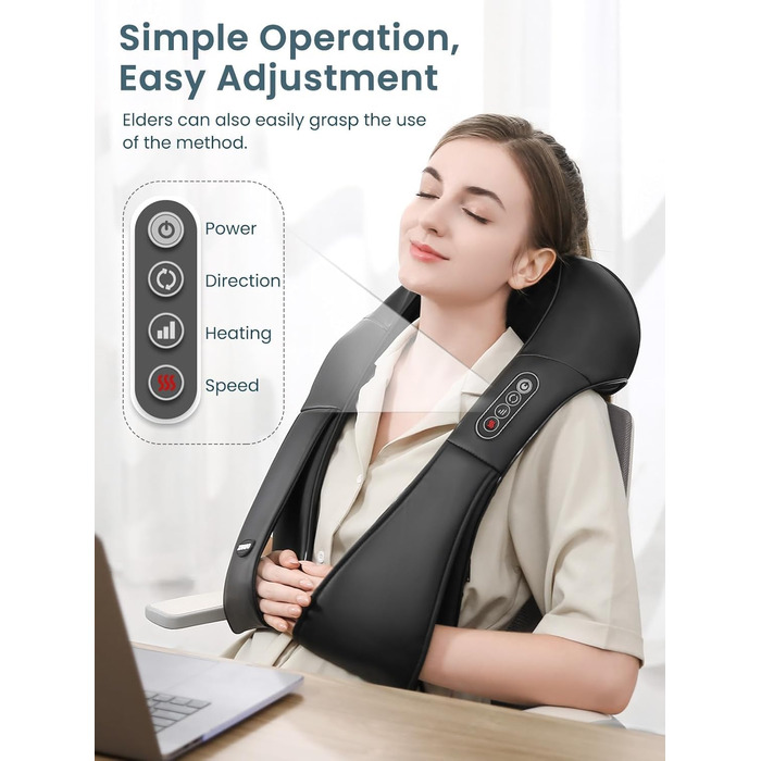 Масажер для шиї Careboda з підігрівом, 3 швидкості, електричний Shiatsu масажер для зняття болю в шиї та плечей. Ідеальний подарунок для водіїв та офісних працівників, чорний
