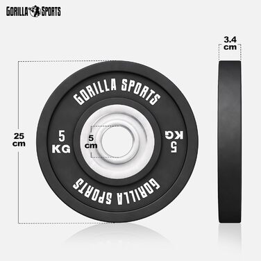 Бамперні диски GORILLA SPORTS 50 мм, 5-25 кг, гумовані, чавун, для штанги, олімпійські гирі