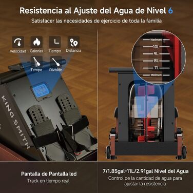 Складний тренажер для веслування, веслувальний тренажер, водонепроникний з 6 рівнями навантаження, для дому, складаний у 3 рази, вантажопідйомність 150 кг, сумісний з додатком, дуб червоний