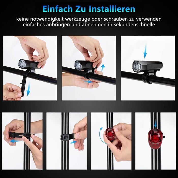 Набір LED-ліхтарів для велосипеда, перезаряджуваний, сертифікований STVZO, водонепроникний, з USB-зарядкою. Фронтальний та задній ліхтарі для велосипеда. Чорний.