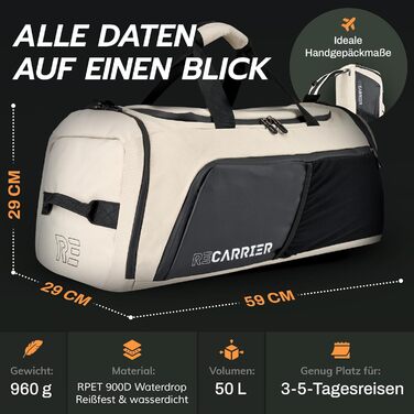 Спортивна сумка [з переробленого PET] 50L – сумка для спортзалу та рюкзак 2в1 – водонепроникна спортивна сумка для чоловіків та жінок – спортивний рюкзак з відділенням для взуття, велика туристична сумка (Савана Бежевий)