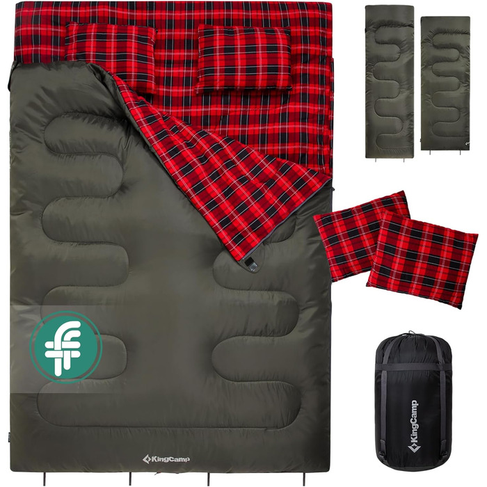 Спальний мішок KingCamp на 2 особи з фланелі, зимовий, для кемпінгу та відпочинку на природі, 3-4 сезони, з 2 подушками, підходить для дітей та дорослих (зелений)