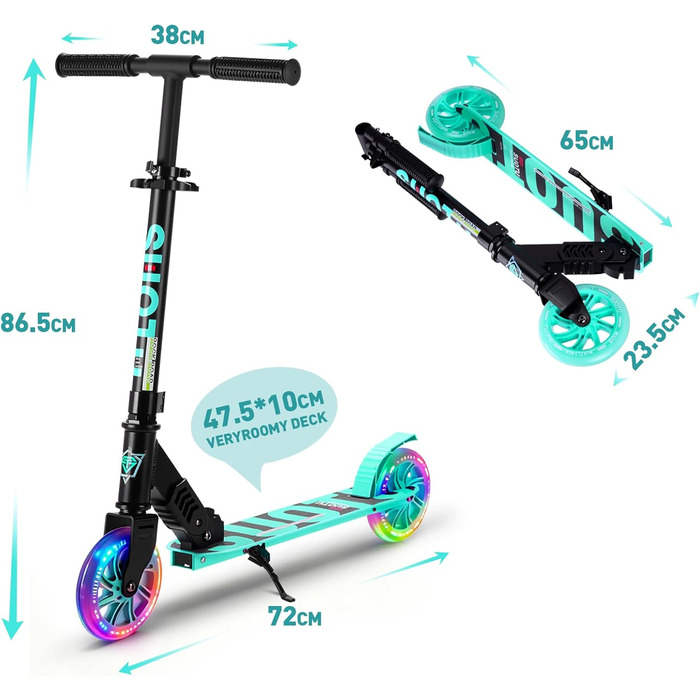 Самокат дитячий SUOTU з колесами 145 мм, до 100 кг, світлодіоди, складаний, регульована висота, для хлопчиків та дівчаток, алюмінієвий (Чорно-синій)