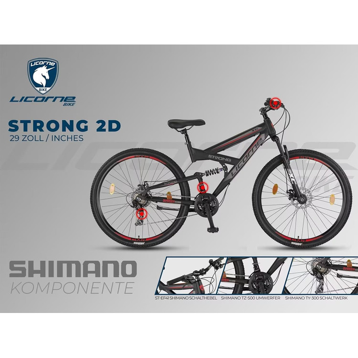 Гірський велосипед Licorne Bike Strong 2D Premium 29 дюймів, чорний/червоний, дискові гальма, 21 швидкість, повна амортизація для юнаків, дівчат, жінок і чоловіків
