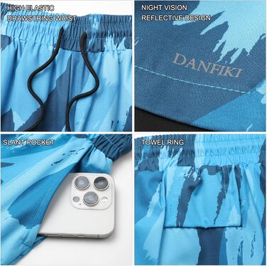 Шорти спортивні чоловічі 2 в 1, швидковисихаючі, для тренувань, гімнастики, бігу, аутдору (XL, синій камуфляж з чорною підкладкою)