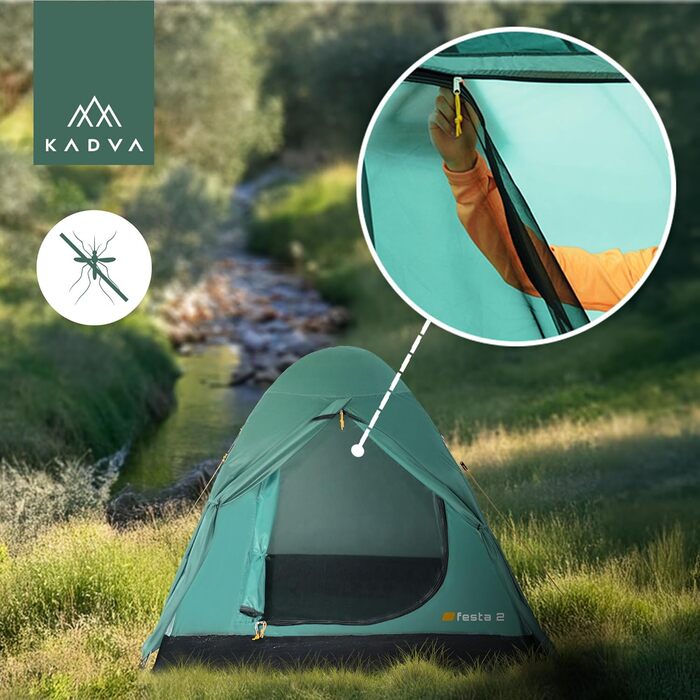 Намет KADVA для кемпінгу Festa 2, 200x120x105 см, на 2 особи, з москітною сіткою, водонепроникний, легкий, міцний, з каркасом з фібергласу, для кемпінгу та піших прогулянок, зелений